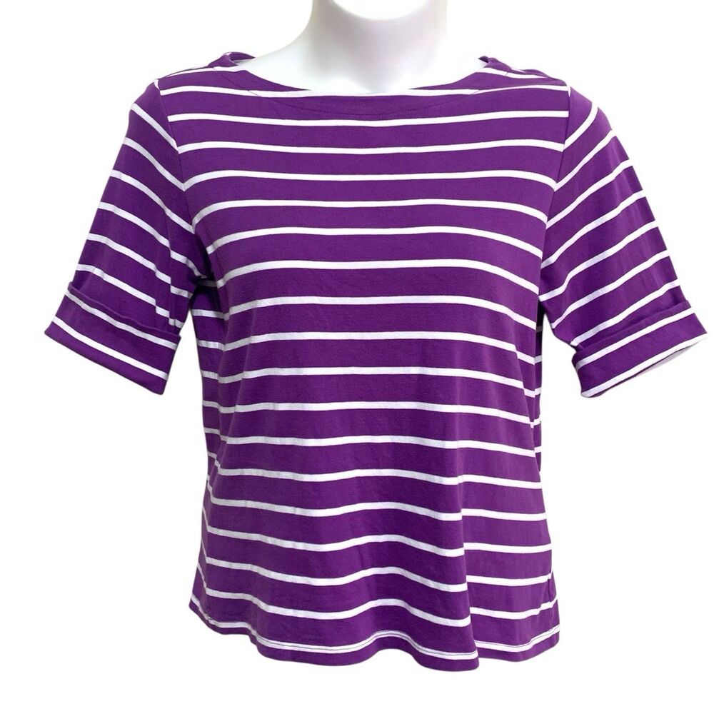 Christopher & Banks Shirt Top Womens Size Large Purple White Striped Boat Neck